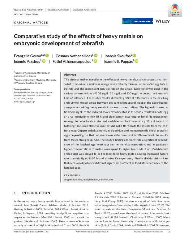 (PDF) Comparative study of the effects of heavy metals on embryonic ...