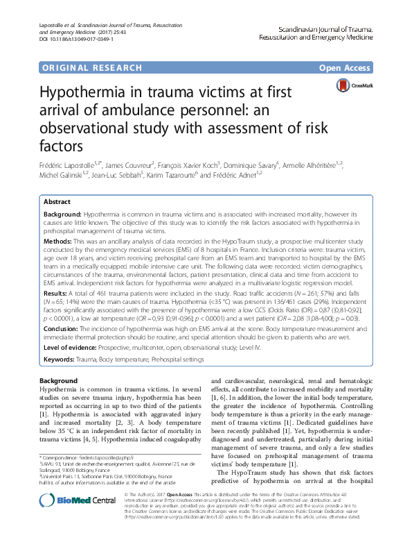 (PDF) Hypothermia in trauma victims at first arrival of ambulance ...