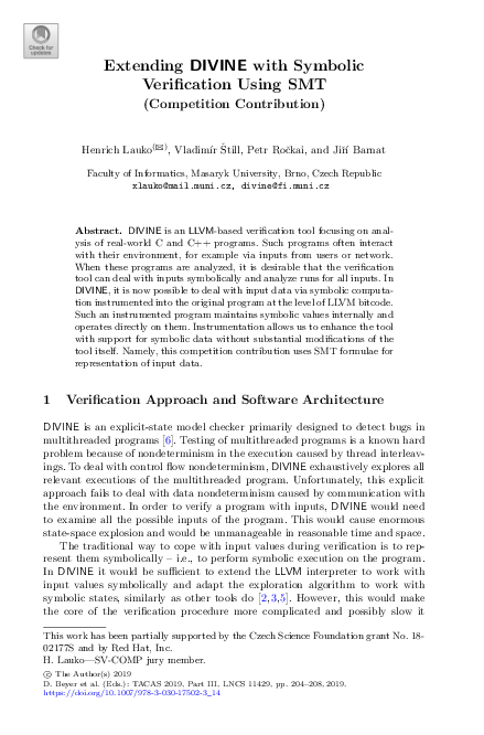 (PDF) Extending DIVINE with Symbolic Verification Using SMT