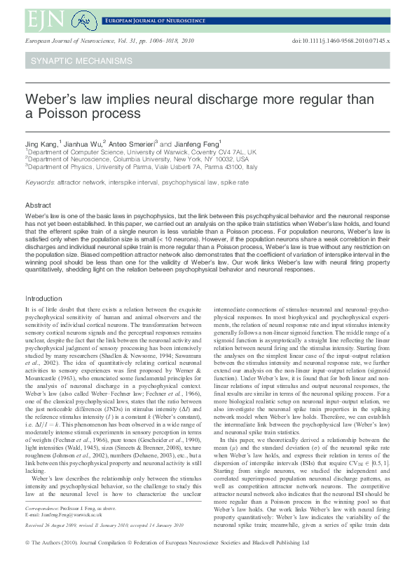 (PDF) Weber's law implies neural discharge more regular than a Poisson ...