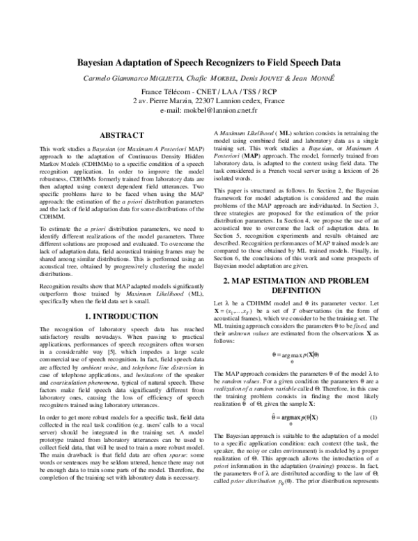 (PDF) Bayesian adaptation of speech recognizers to field speech data
