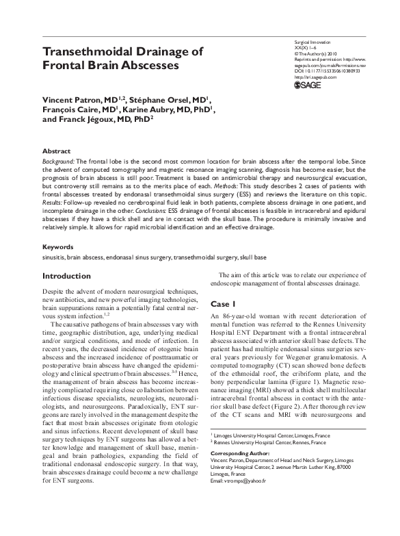 (PDF) Transethmoidal Drainage of Frontal Brain Abscesses