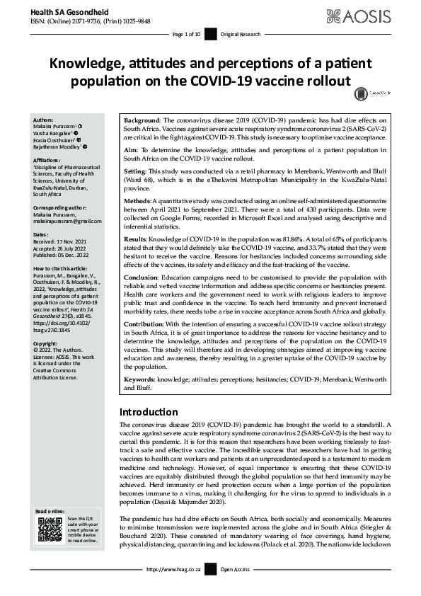 (PDF) Knowledge, attitudes and perceptions of a patient population on ...