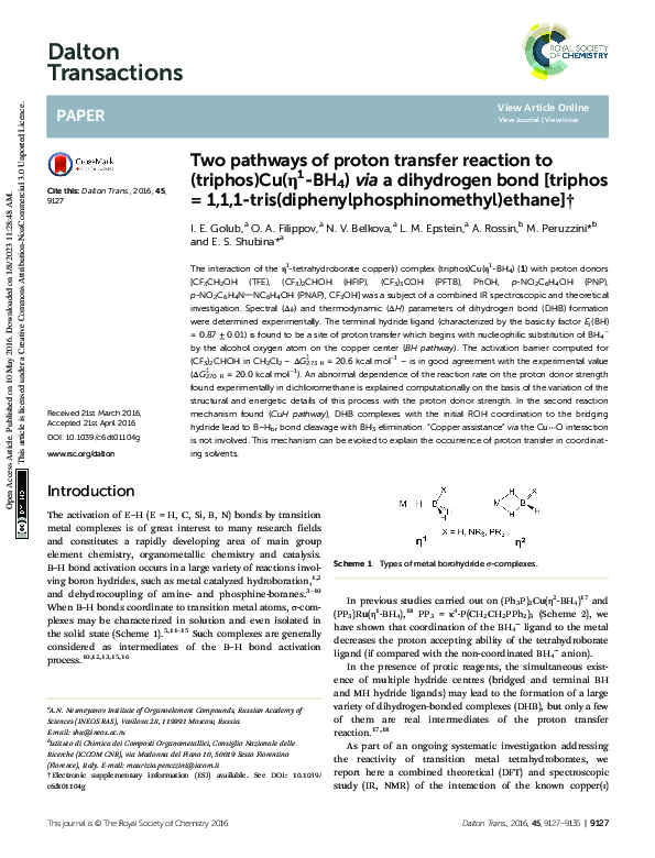 (PDF) Two pathways of proton transfer reaction to (triphos)Cu(η1-BH4 ...