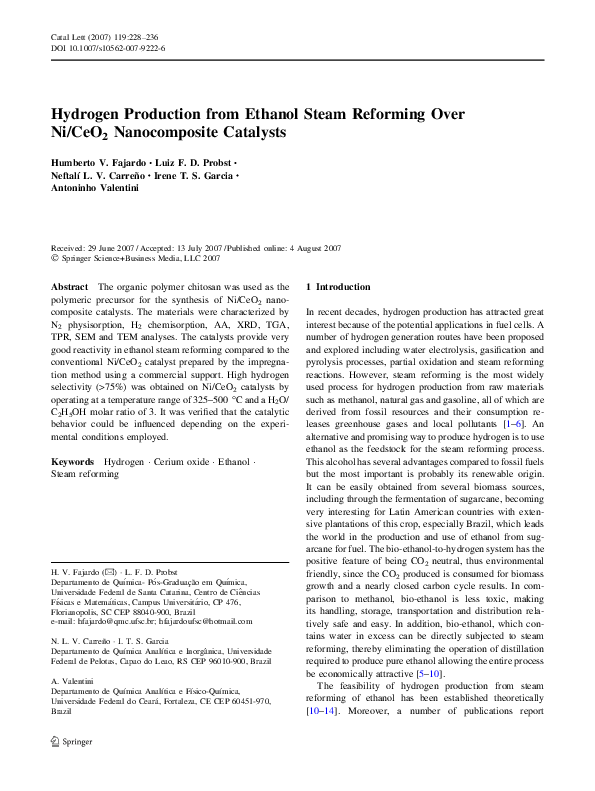 (PDF) Hydrogen Production from Ethanol Steam Reforming Over Ni/CeO2 ...