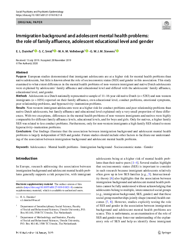 (PDF) Immigration background and adolescent mental health problems: the ...