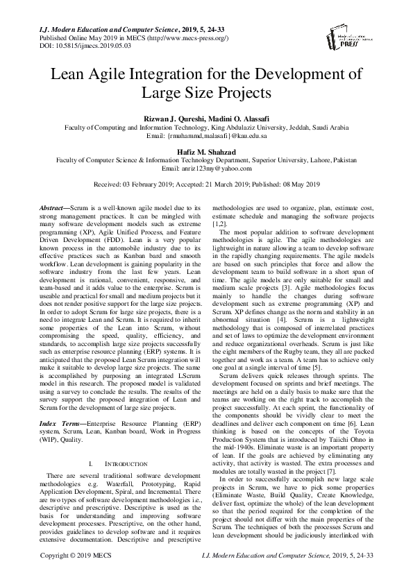 (PDF) Lean Agile Integration for the Development of Large Size Projects
