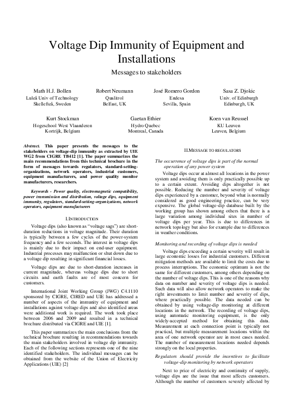 (PDF) Voltage dip immunity of equipment and installations - messages to ...