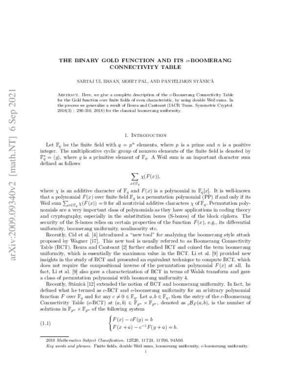 (PDF) The binary Gold function and its c-boomerang connectivity table