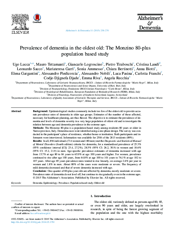(PDF) Prevalence of dementia in the oldest old: The Monzino 80‐plus ...