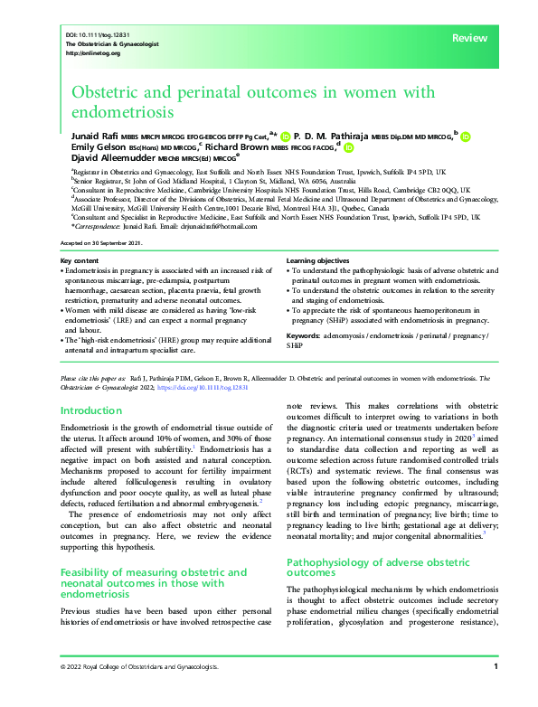 (PDF) Obstetric and perinatal outcomes in women with endometriosis