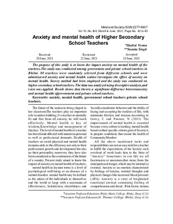 (PDF) Anxiety and mental health of Higher Secondary School Teachers