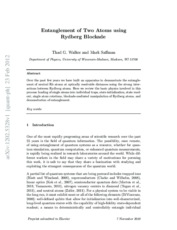 (PDF) Entanglement of Two Atoms Using Rydberg Blockade