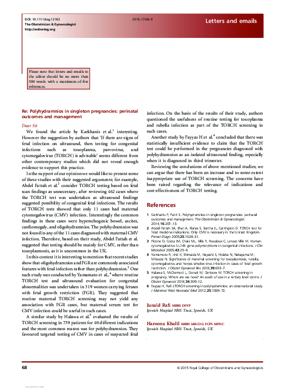 (PDF) Re: Polyhydramnios in singleton pregnancies: perinatal outcomes ...