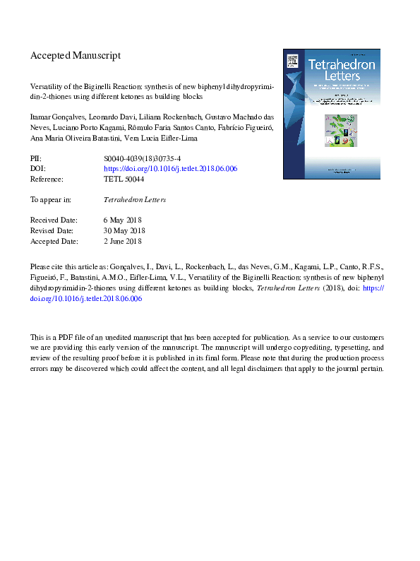 (PDF) Versatility of the Biginelli reaction: Synthesis of new biphenyl ...