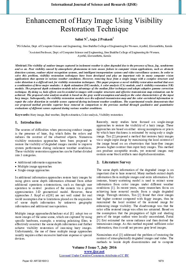 (PDF) Enhancement of Hazy Image Using Visibility Restoration Technique
