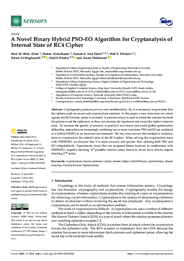 (PDF) A Novel Binary Hybrid PSO-EO Algorithm for Cryptanalysis of ...