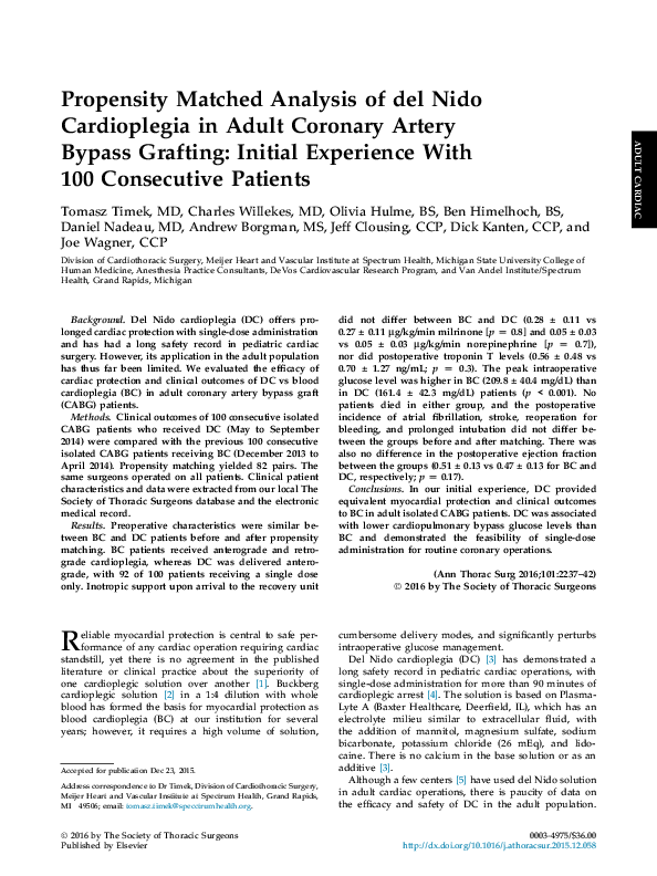 (PDF) Propensity Matched Analysis of del Nido Cardioplegia in Adult ...