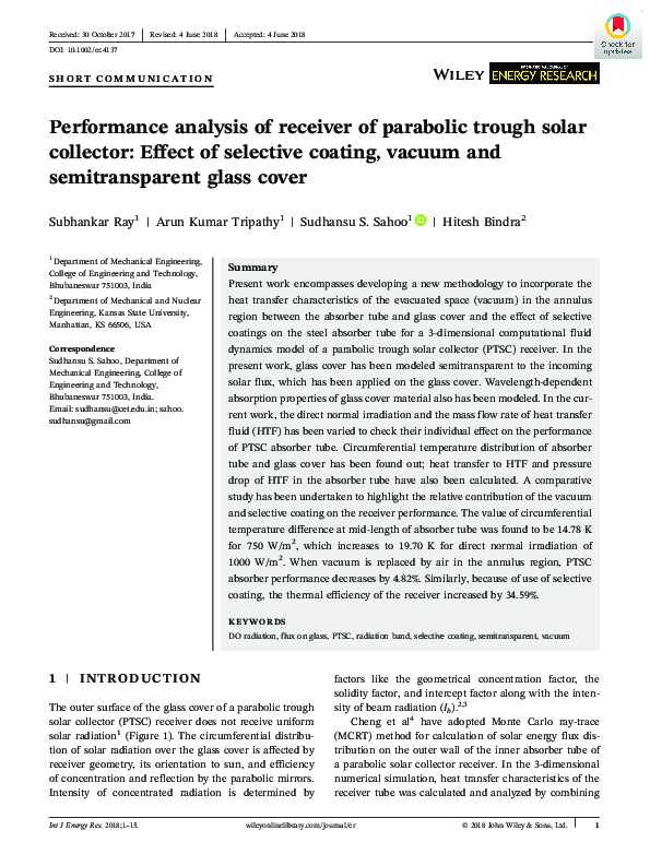 (PDF) Performance analysis of receiver of parabolic trough solar ...