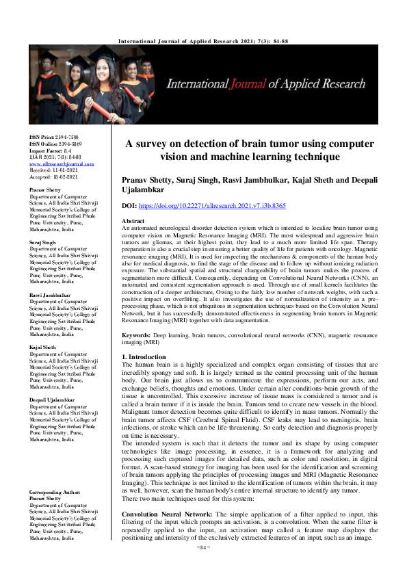 (PDF) A survey on detection of brain tumor using computer vision and ...