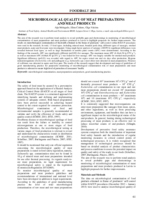 (PDF) Microbiological quality of meat preparations and meat products
