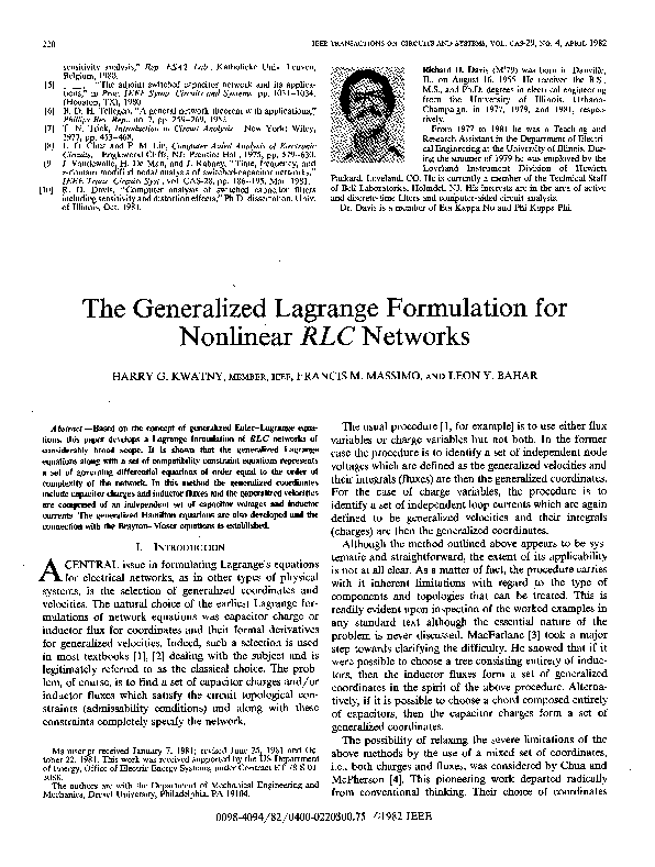 (PDF) The generalized Lagrange formulation for nonlinear RLC networks