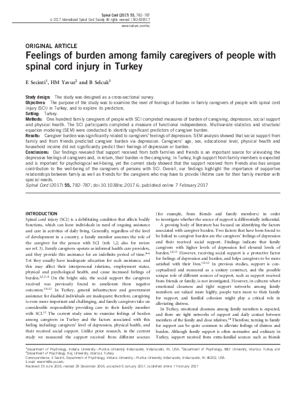 (PDF) Feelings of burden among family caregivers of people with spinal ...