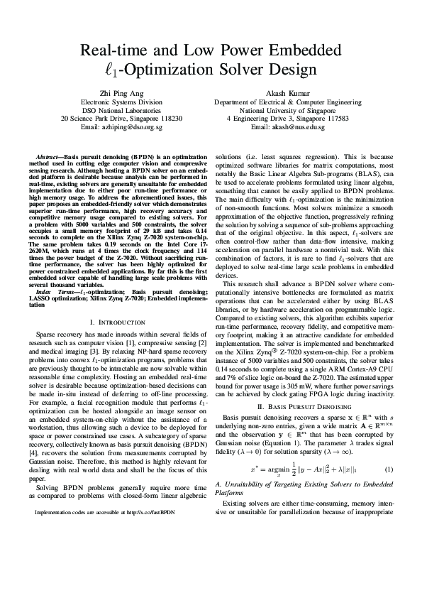 (PDF) Real-time and low power embedded ℓ 1 -optimization solver design