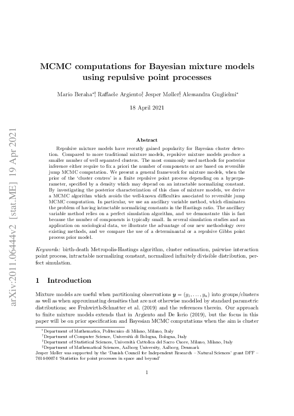 (PDF) MCMC Computations for Bayesian Mixture Models Using Repulsive ...