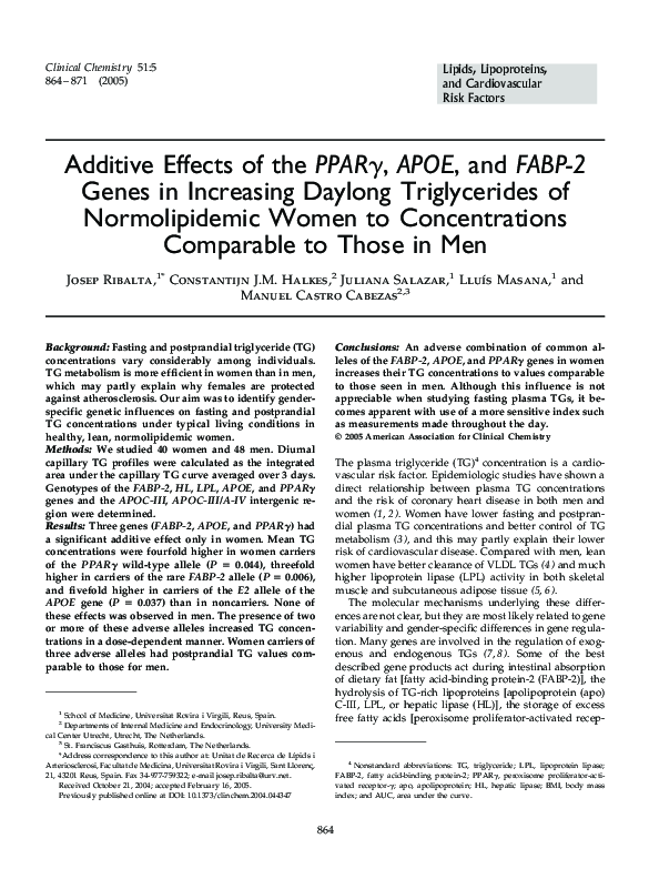 (PDF) Additive Effects of the PPAR , APOE, and FABP-2 Genes in ...