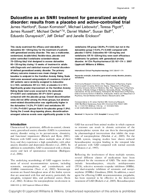 (PDF) Duloxetine as an SNRI treatment for generalized anxiety disorder ...