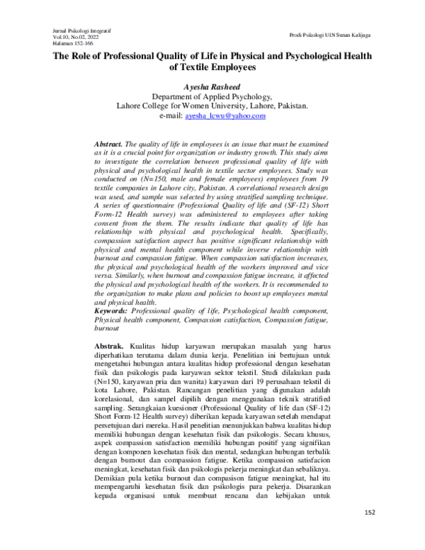 (PDF) The Role of Professional Quality of Life in Physical and ...