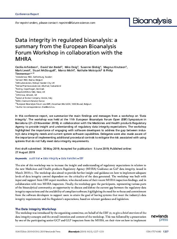 (PDF) Data integrity in regulated bioanalysis: a summary from the ...
