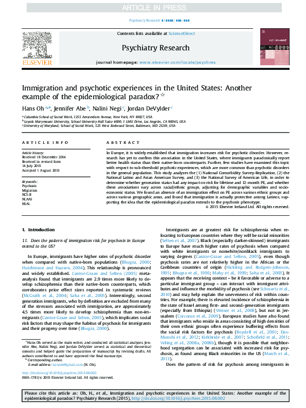 (PDF) Immigration and psychotic experiences in the United States ...