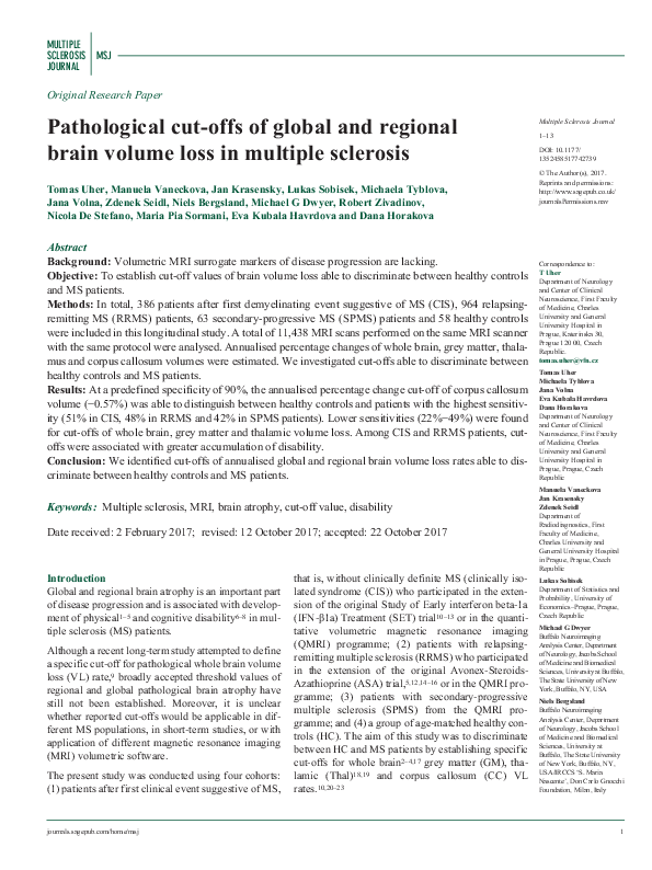 (PDF) Pathological cut-offs of global and regional brain volume loss in ...