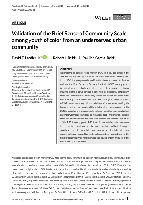 (PDF) Validation of the Brief Sense of Community Scale among youth of ...