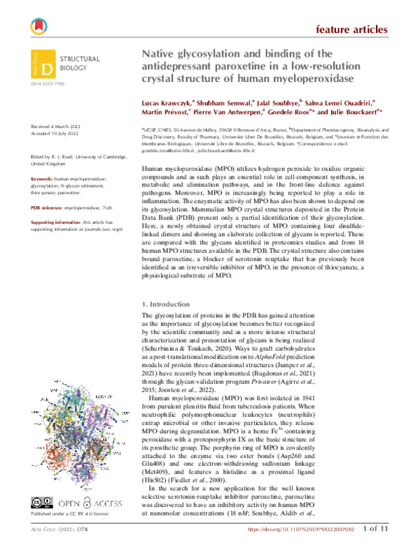 Native glycosylation and binding of the antidepressant paroxetine in a low-resolution crystal structure of human myeloperoxidase
