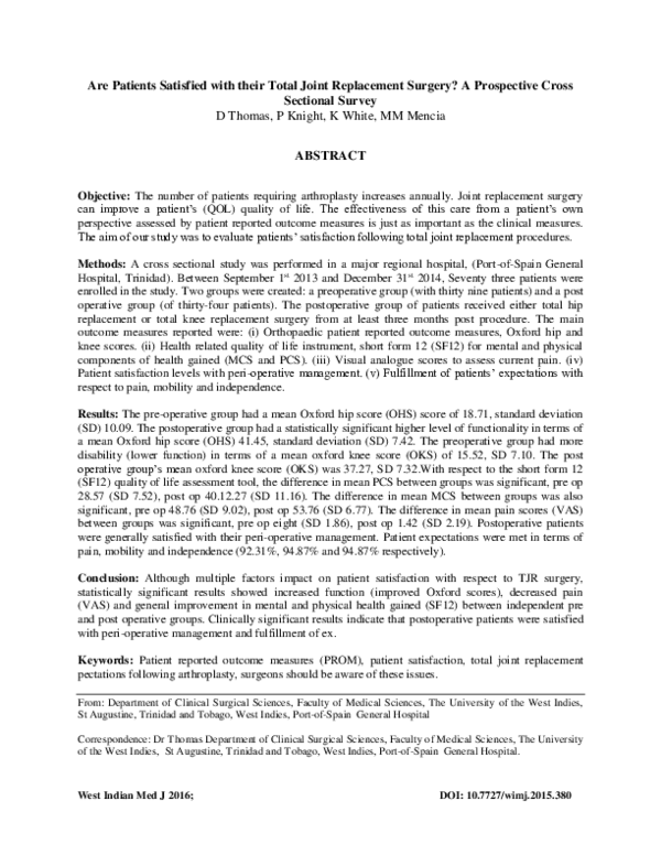 (PDF) Are Patients Satisfied with their Total Joint Replacement Surgery ...