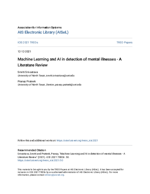 (PDF) Machine Learning and AI in detection of mental illnesses - A ...