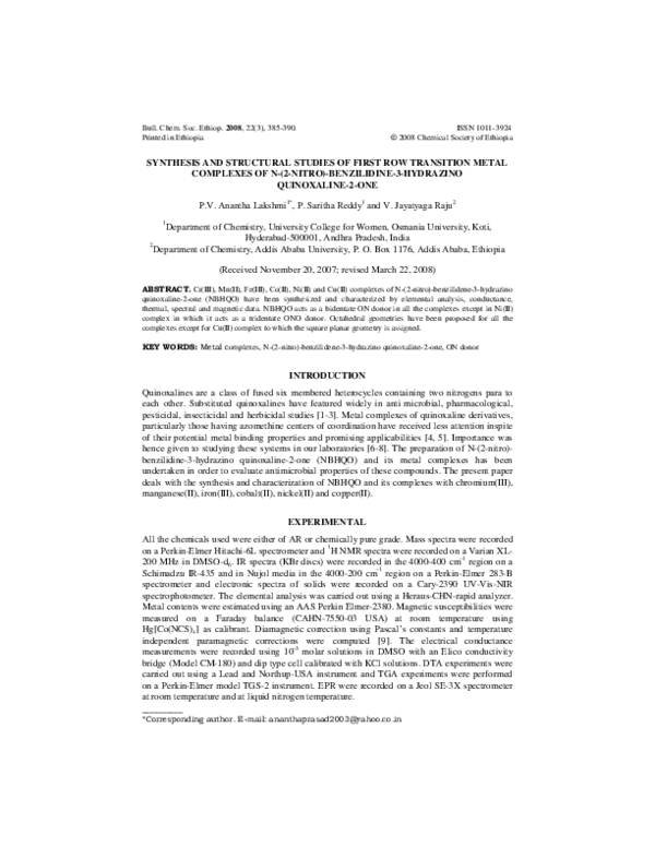 (PDF) Synthesis and structural studies of first row transition metal ...