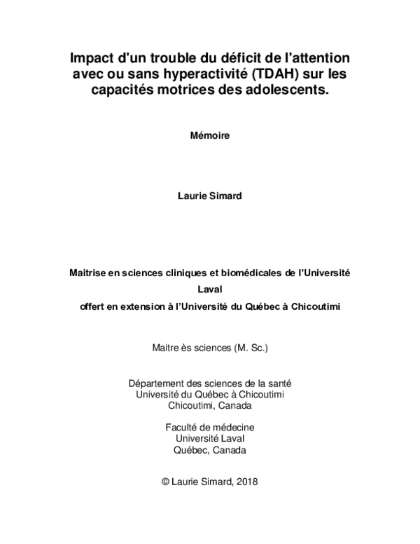 Impact d'un trouble du déficit de l'attention avec ou sans hyperactivité (TDAH) sur les capacités motrices des adolescents