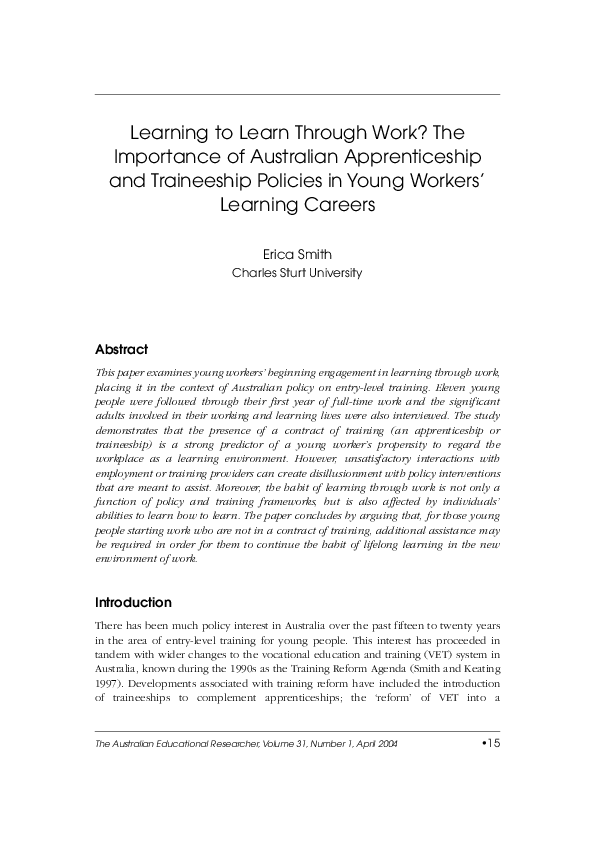 (PDF) Learning to learn through work? The importance of Australian ...