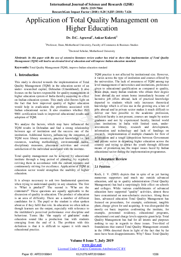 (PDF) Application of Total Quality Management on Higher Education