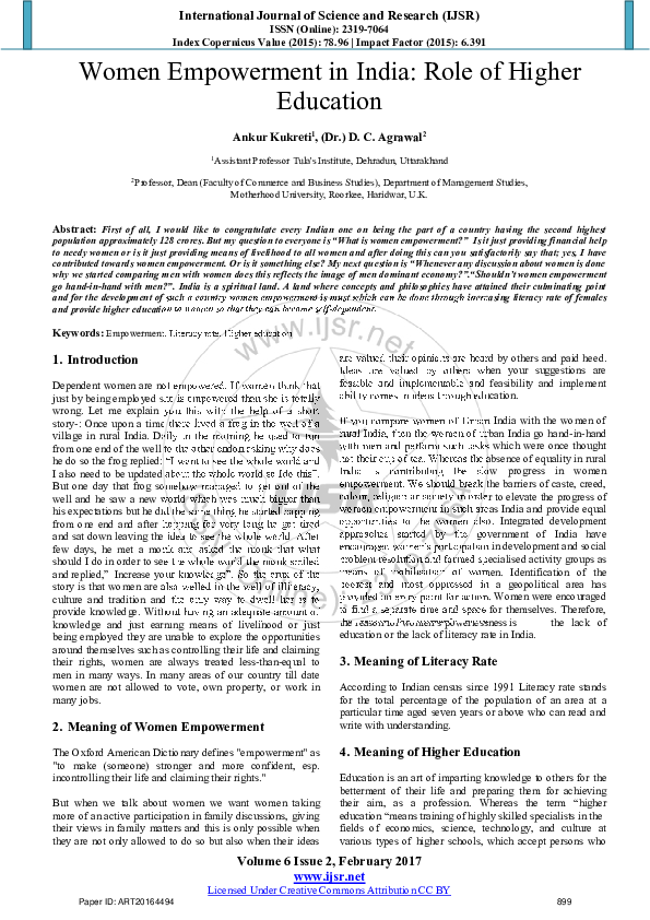 (PDF) Women Empowerment in India: Role of Higher Education