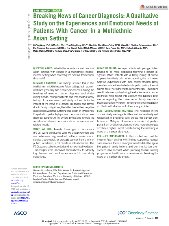 (PDF) Breaking News of Cancer Diagnosis: A Qualitative Study on the ...
