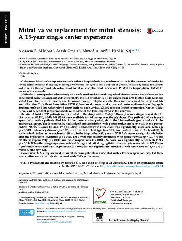 (PDF) Mitral valve replacement for mitral stenosis: A 15-year single ...