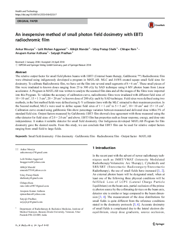 (PDF) An inexpensive method of small photon field dosimetry with EBT3 ...