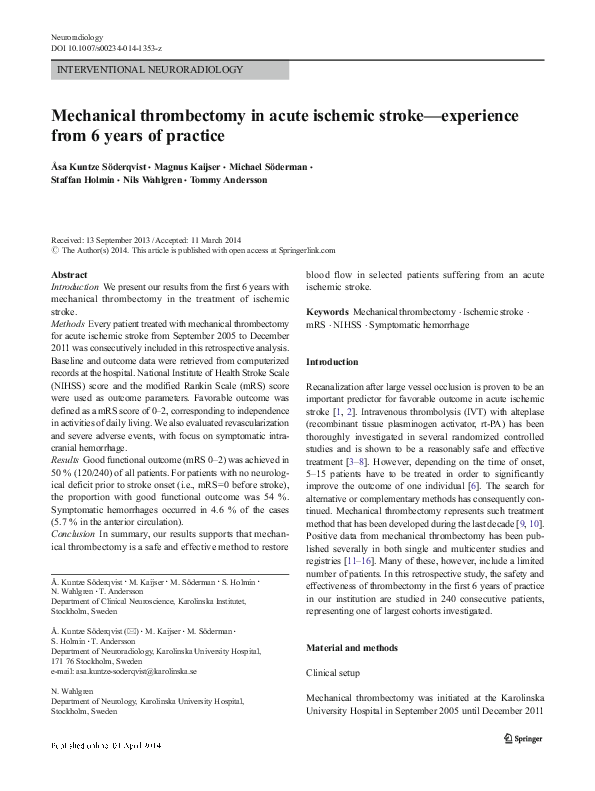 (PDF) Mechanical Thrombectomy in Acute Ischemic Stroke Patients Greater ...