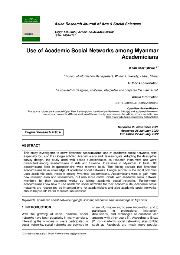(PDF) Use of Academic Social Networks among Myanmar Academicians