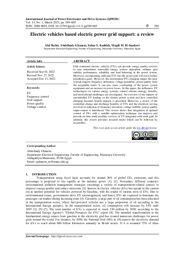 (PDF) Electric vehicles based electric power grid support a review